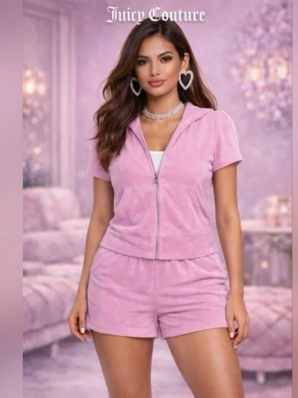 New Juicy Couture OG Bling Velour Zip-Up Hoodie and Shorts Set